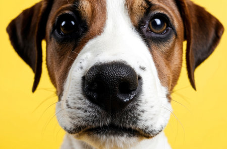 Puppy nose macro shot. Isolated, yellow backdrop. Cute, funny dog detail.の素材