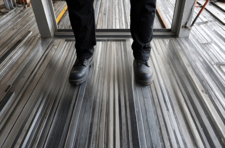 Full background of steel flooring. Industrial metal surface. Strong durable, textured.の素材