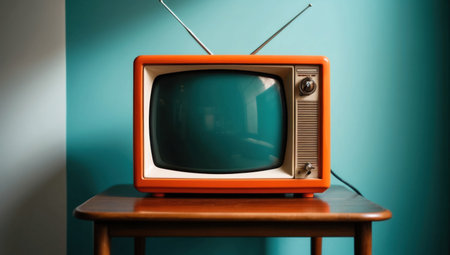 Orange TV on table. Retro design. Vintage receiver, side perspective.の素材