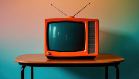 Orange TV on table. Retro design. Vintage receiver, side perspective.の素材