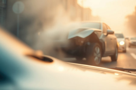 Car accident (no injuries). Blurred bokeh effect. Minor collision, insurance claim.の素材