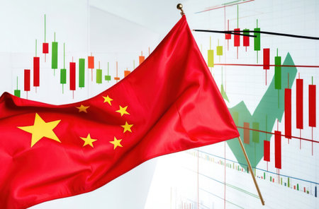 Dynamic stock chart over Chinese flag. Finance, economy, market.の素材