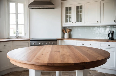 Empty round wood tabletop. Bright, clean kitchen background. Interior design, food prep.の素材