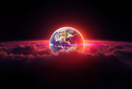Planet Earth in space. Light art effects. Global, serene, and creatively lit background.の素材