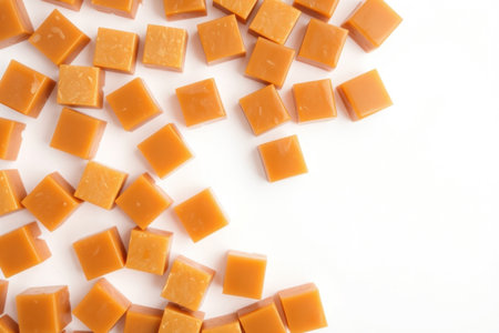 Close-up of caramel cubes. Texture, detail, and background visible. Sweet food.の素材