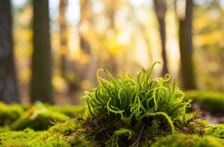 Green moss texture. Bokeh effect. Nature close-up, detailed, vibrant.の素材