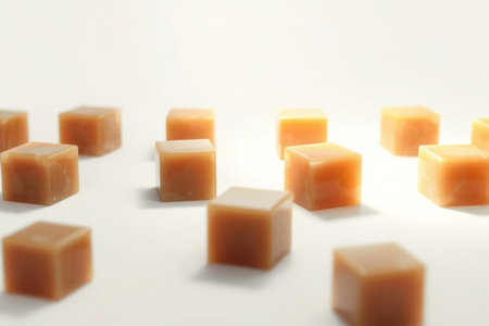 Close-up of caramel cubes. Texture, detail, and background visible. Sweet food.の素材