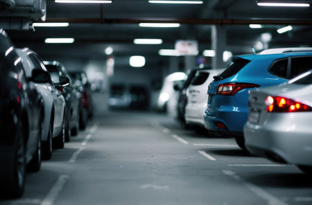Blurred image of parking lot. Abstract, city movement, vehicle.の素材
