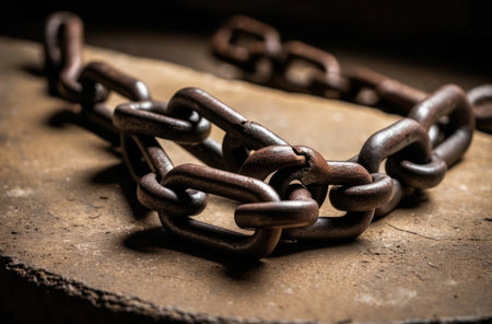 Broken chain symbolizes freedom. Dramatic image on stone evokes liberation, strength and breaking free. Stock image.の素材