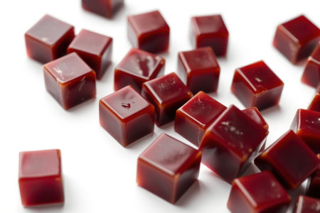 Close-up of caramel cubes. Texture, detail, and background visible. Sweet food.の素材