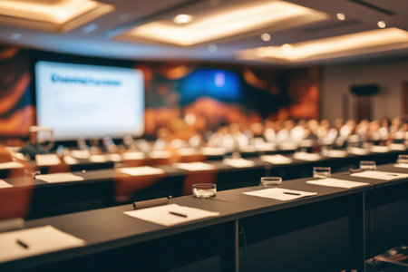 Blurred lecture hall. Abstract conference, presentation background.の素材