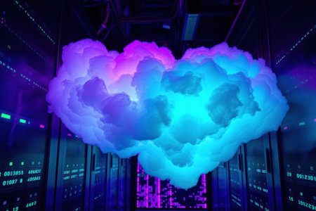 Server room with cloud concept. Data center, technology, network infrastructure.の素材