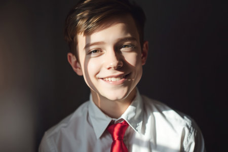 Red tie with white shirt. Casual business attire. Clean and professional style.の素材