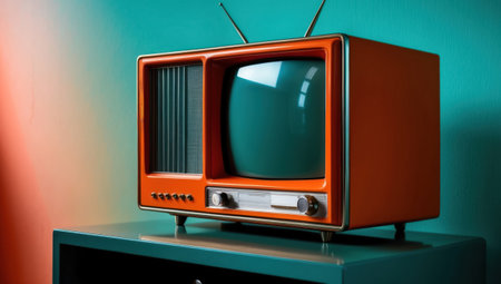 Orange TV on table. Retro design. Vintage receiver, side perspective.の素材