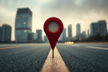 Map pin marking destination. Road leading to city. Location, travel and route planning.の素材