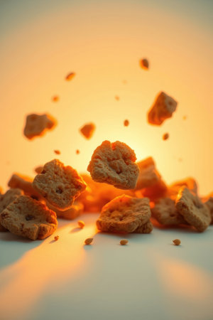 Flying cookie pieces. Close-up, broken, crumbs, food, texture.の素材