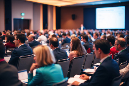 Blurred lecture hall. Abstract conference, presentation background.の素材