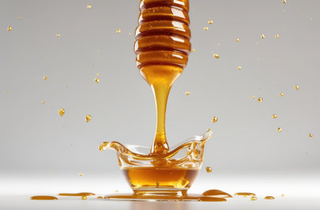 Dripping floating honey. Golden, sweet delicious, liquid, isolated.の素材