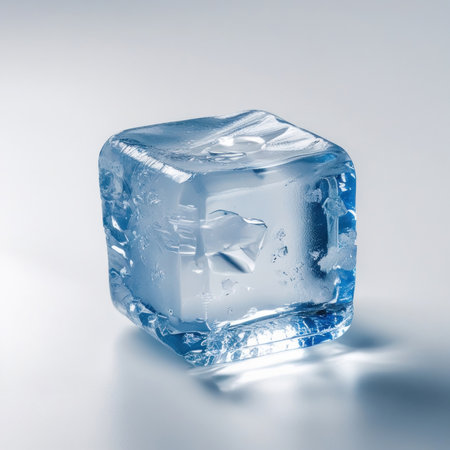 Clear ice cube isolated. Pure frozen water, crisp clean, on white.の素材