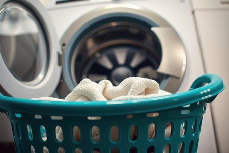 Laundry basket with blurred washing machine. Laundry room scene, domestic.の素材