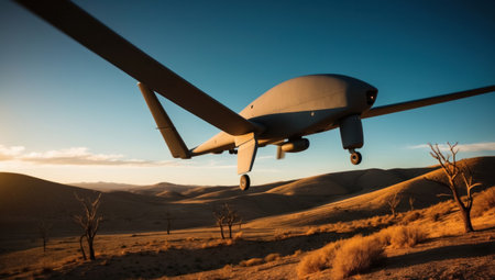 Cinematic military drone. Golden light, desert terrain. High-contrast photography. Power, dynamism and aerial technology.の素材