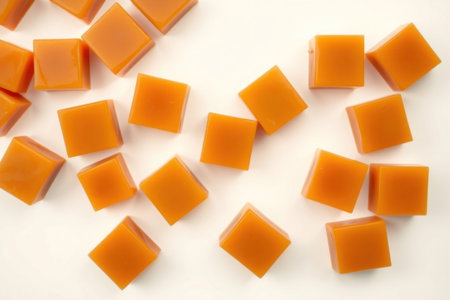 Close-up of caramel cubes. Texture, detail, and background visible. Sweet food.の素材