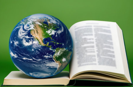 Open book on Earth. Green background, space for text. Learning, environment.の素材