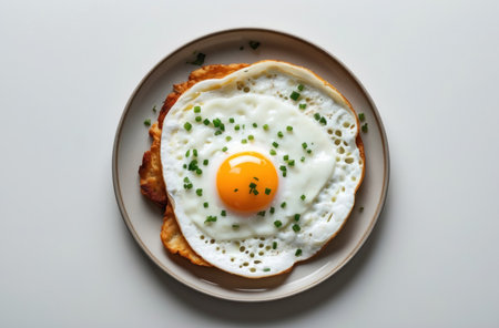 Isolated fried egg from above. Breakfast essential, ready for design. Simple and versatile food image.の素材