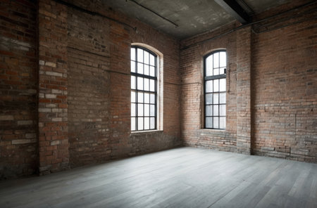 Loft industrial interior. Grunge style with brick walls and large window. Empty space, raw and versatile for design.の素材