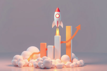 Investing in the future. Rocket launch synced with positive chart finances. Business ambition stock photo.の素材