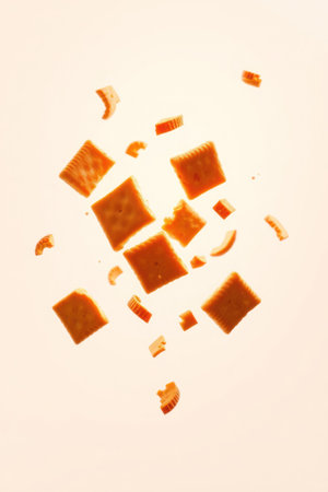 Flying cookie pieces. Close-up, broken, crumbs, food, texture.の素材