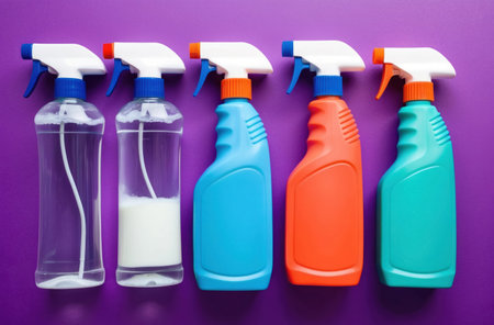 Cleaning products, plastic bottles. Household cleaning, hygiene, and sanitation concept. Isolated or grouped.の素材