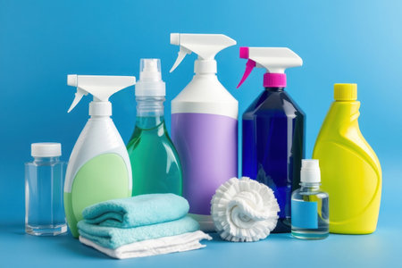 Cleaning products, plastic bottles. Household cleaning, hygiene, and sanitation concept. Isolated or grouped.の素材
