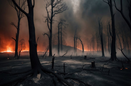 Haunting blackened trees stand twisted in a desolate landscape, capturing the eerie aftermath of a forest fire.の素材