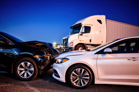 Car accident (no injuries). Blurred bokeh effect. Minor collision, insurance claim.の素材