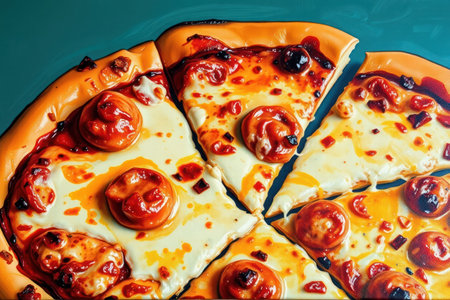 Cheesy pizza illustration. Hot delicious, food art, appetizing.の素材