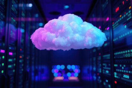 A dramatic image of a glowing pink cloud floating within a data center filled with servers.の素材