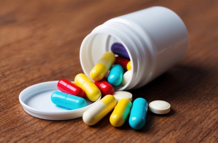 Pills close-up. Medicine capsules, tablets pharmacy, health.の素材