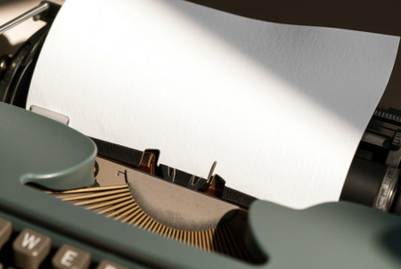 Detailârich illustration of a typewriter, keys exposed, metallic chassis gleaming.の素材