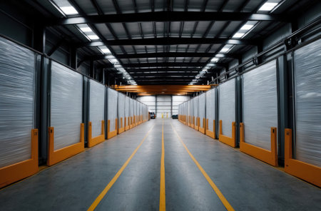 Logistics warehouse. Empty storage, industrial distribution.の素材