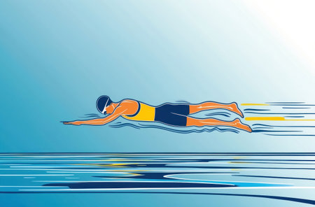 Minimalist line art of a swimmer mid-stroke, clean lines and simplicity for sports or wellness themes.の素材