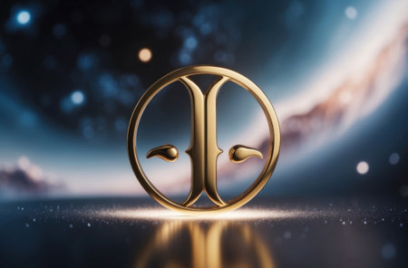 Striking golden Gemini twins set against shimmering galaxies, with soft halos and celestial shadows evoking wonder.の素材