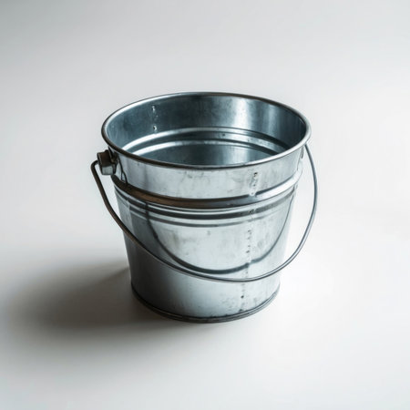 A single zinced bucket isolated on a clean background, showing its metallic texture and simple shape.の素材