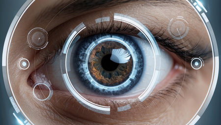 A magnified human eye overlaid with futuristic diagnostic tools. Symbolizes advanced vision analysis technology.の素材