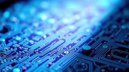 A detailed close-up of a circuit board with bright blue lighting. Suitable for technology and digital design projects.の素材