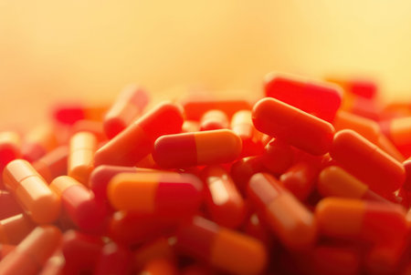 Pills close-up. Medicine capsules, tablets pharmacy, health.の素材