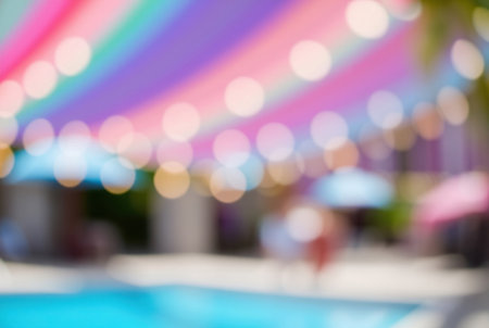 Blurred Colorful lights create a festive atmosphere at a pool party. Relaxing vibes.の素材