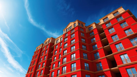 Simple yet dynamic flat-style apartment illustration, emphasizing contemporary architecture and color.の素材