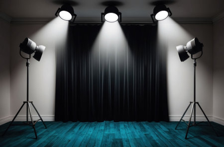 Dramatic stage spotlights cutting through haze against black curtains, creating a mysterious atmosphere.の素材