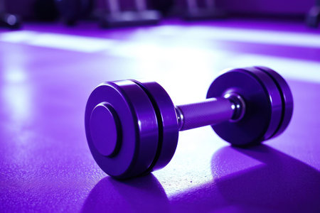 A striking dumbbell illuminated in purple light. Motivation and energy.の素材